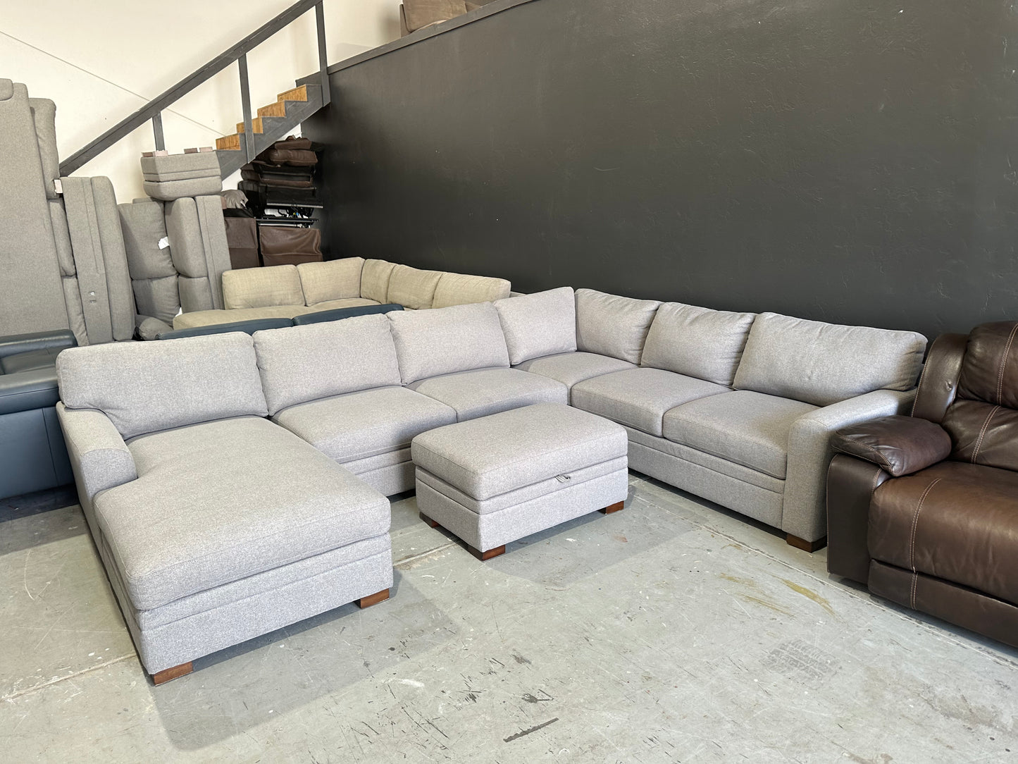 Fabric Sectional with Chaise and Storage Ottoman