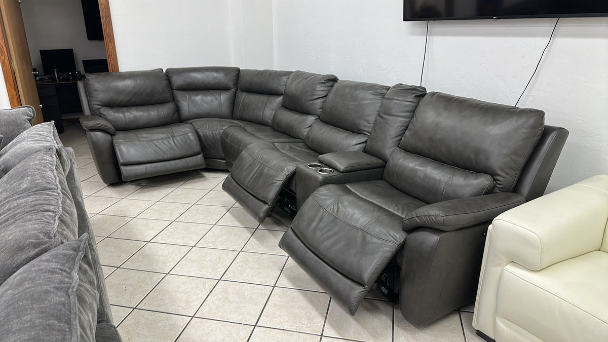Dark Grey Leather Power Reclining Sectional