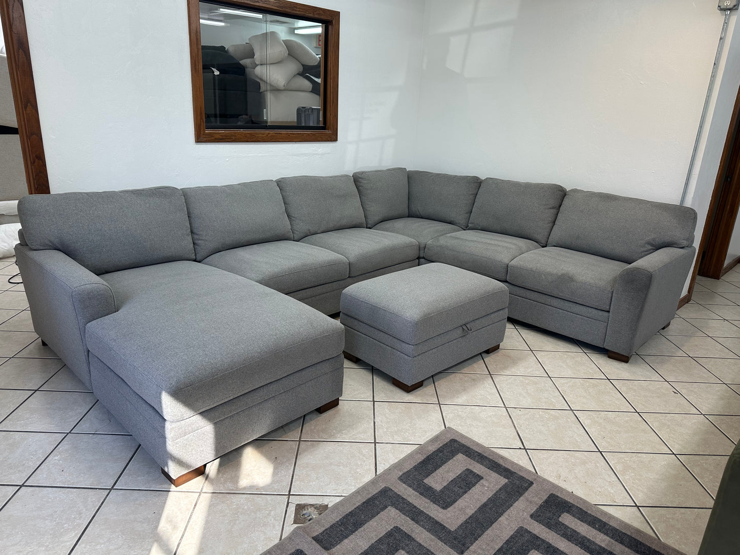 Fabric Sectional with Chaise and Storage Ottoman